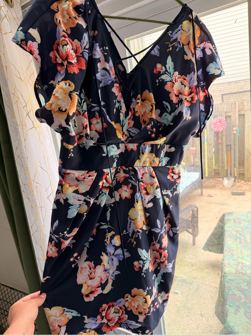 Women’s Navy Floral Midi Dress with V-Neck and Crisscross Back
